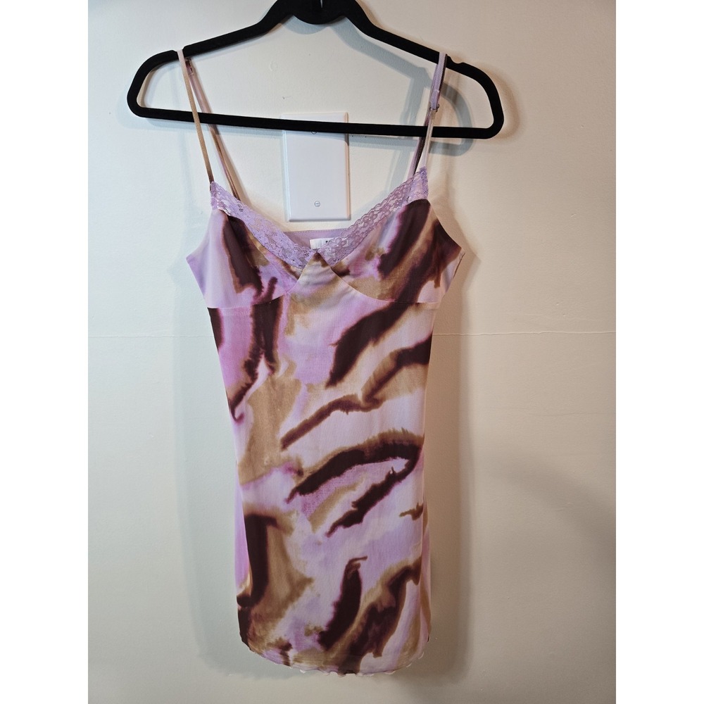 Y2K Style Abstract Print Slip Dress S Lace Trim Spaghetti Strap‎ Coquette Mini